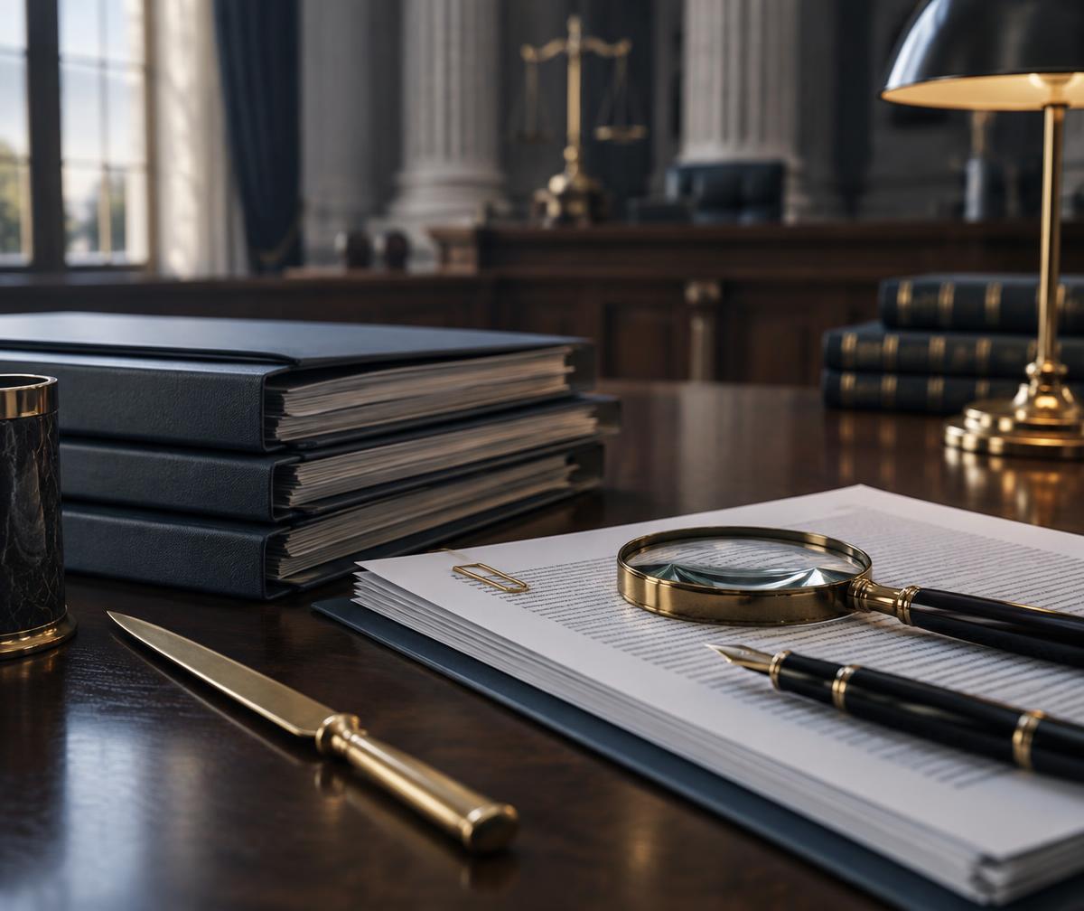 Claim file review in progress with organized documents, folders, and a magnifying glass on a dark desk