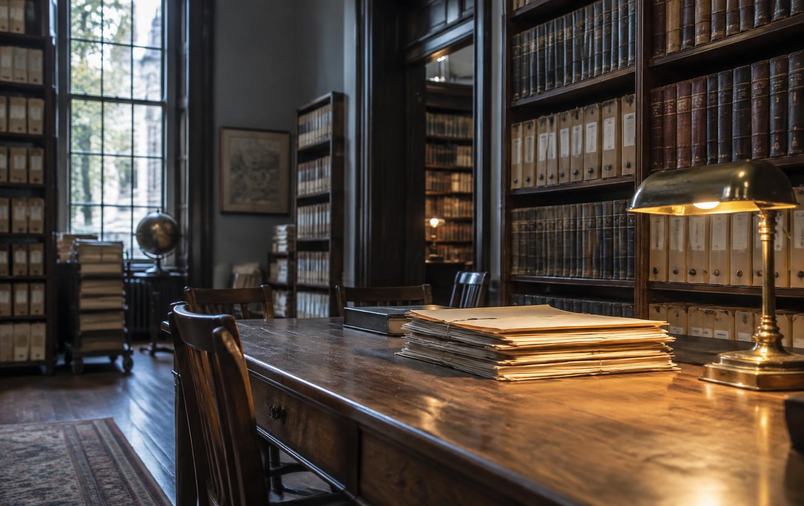 County records archive shelves lined with bound land deed ledgers and foreclosure claim files