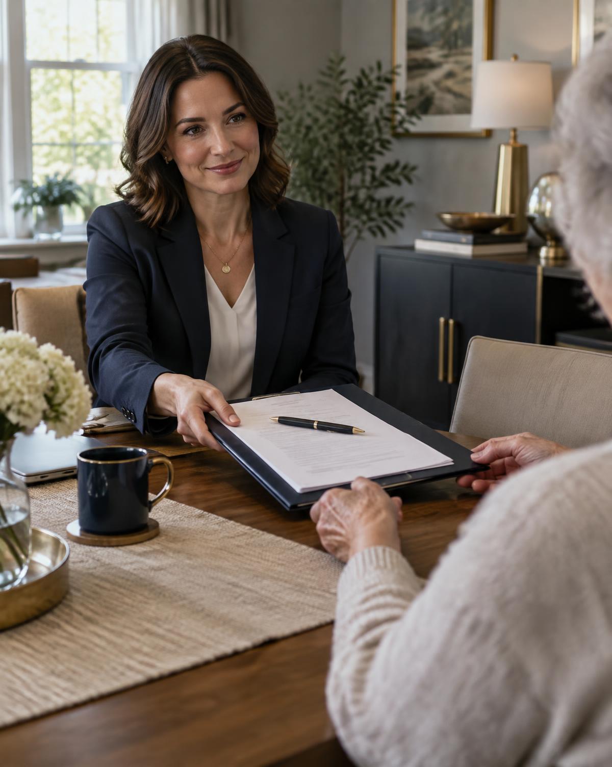 A mobile notary seated at a client's kitchen table, handing over a document folder for signature